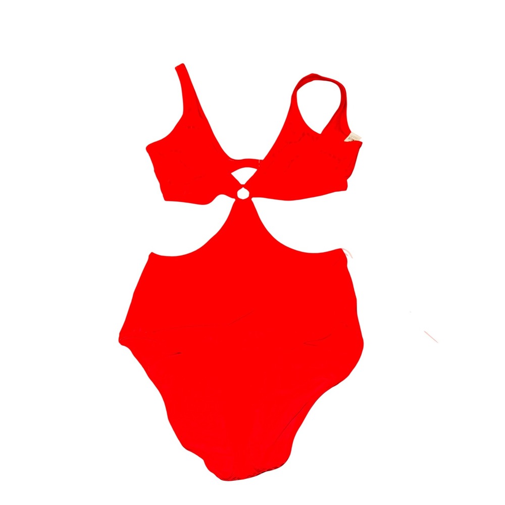 Aerie Red One‎ Piece Swimsuit Ring Cutout V Neck Halter Back Detail Size XL Long